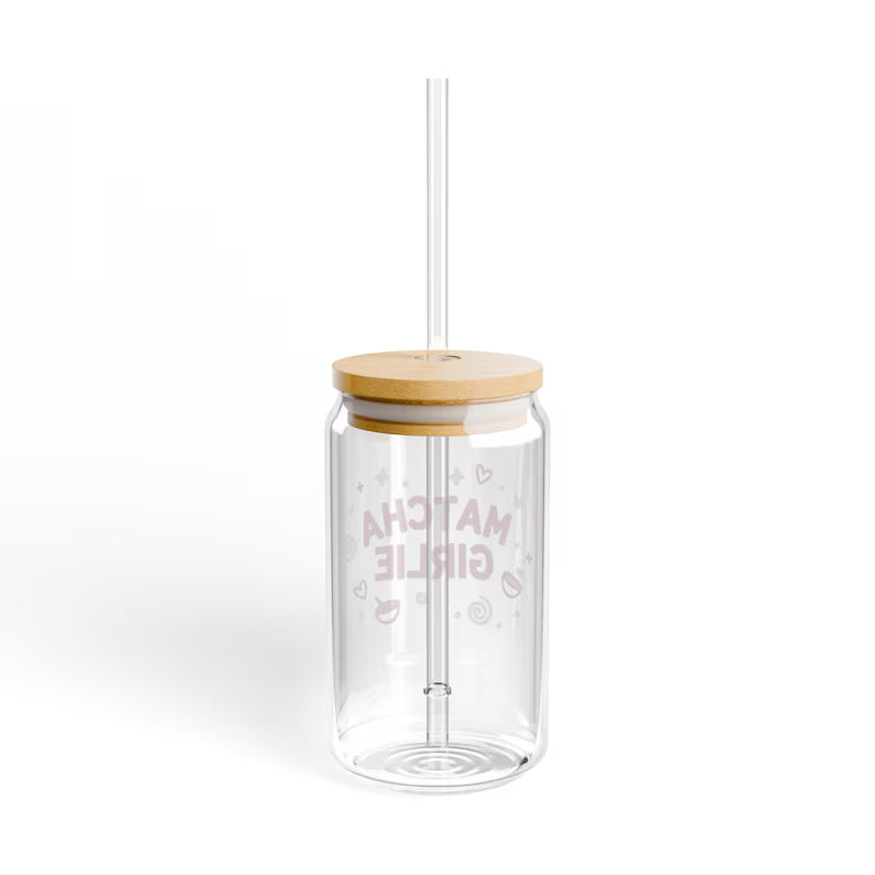 Moskai Matcha Girlie Sipper Glass – 16oz Clear Tumbler with Reusable Straw for Iced Coffee & Smoothies