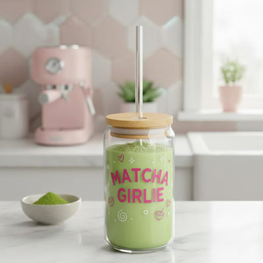 Moskai Matcha Girlie Sipper Glass – 16oz Clear Tumbler with Reusable Straw for Iced Coffee & Smoothies