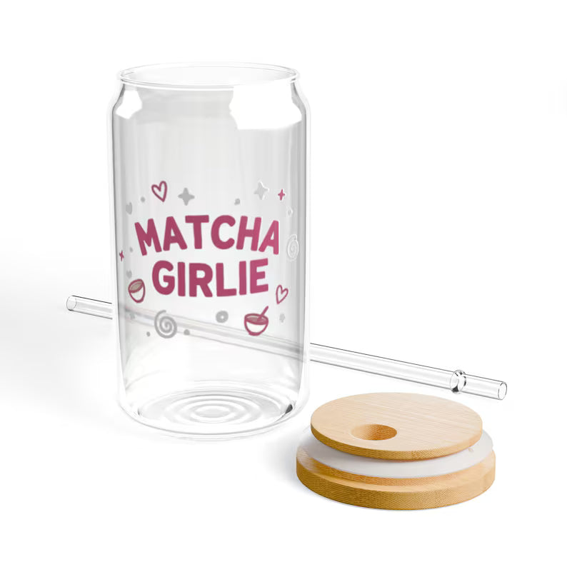 Moskai Matcha Girlie Sipper Glass – 16oz Clear Tumbler with Reusable Straw for Iced Coffee & Smoothies