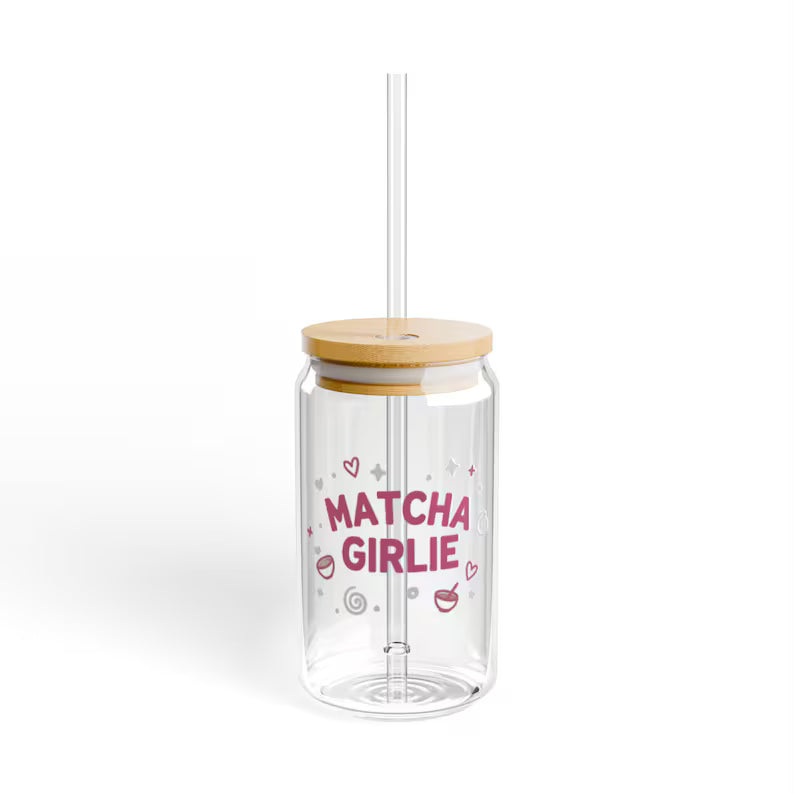 Moskai Matcha Girlie Sipper Glass – 16oz Clear Tumbler with Reusable Straw for Iced Coffee & Smoothies