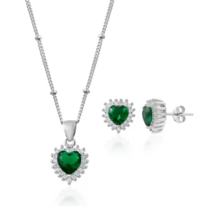 925 Sterling Silver Heart Shape Green Cubic Zirconia Pendant with Stud Earrings